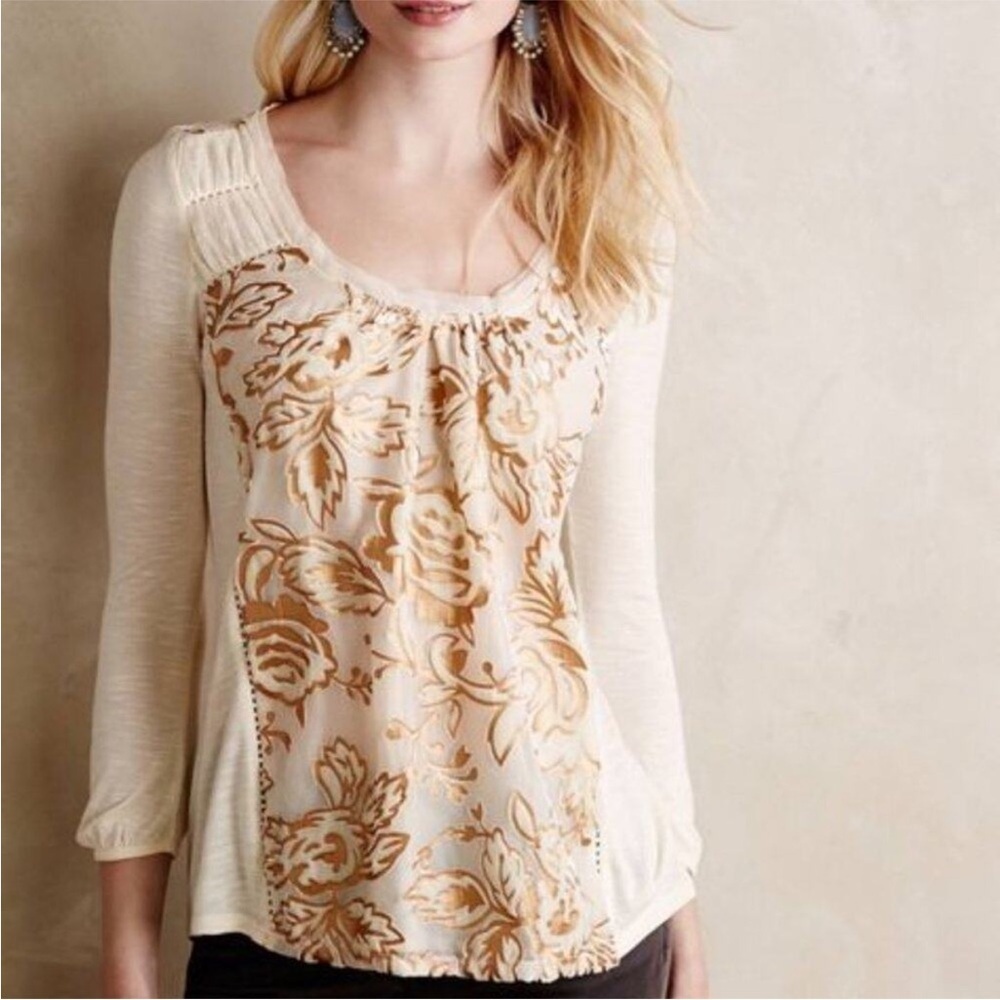 Anthropologie Meadow Rue Cream & Copper Floral Mixed Media Top Size XS